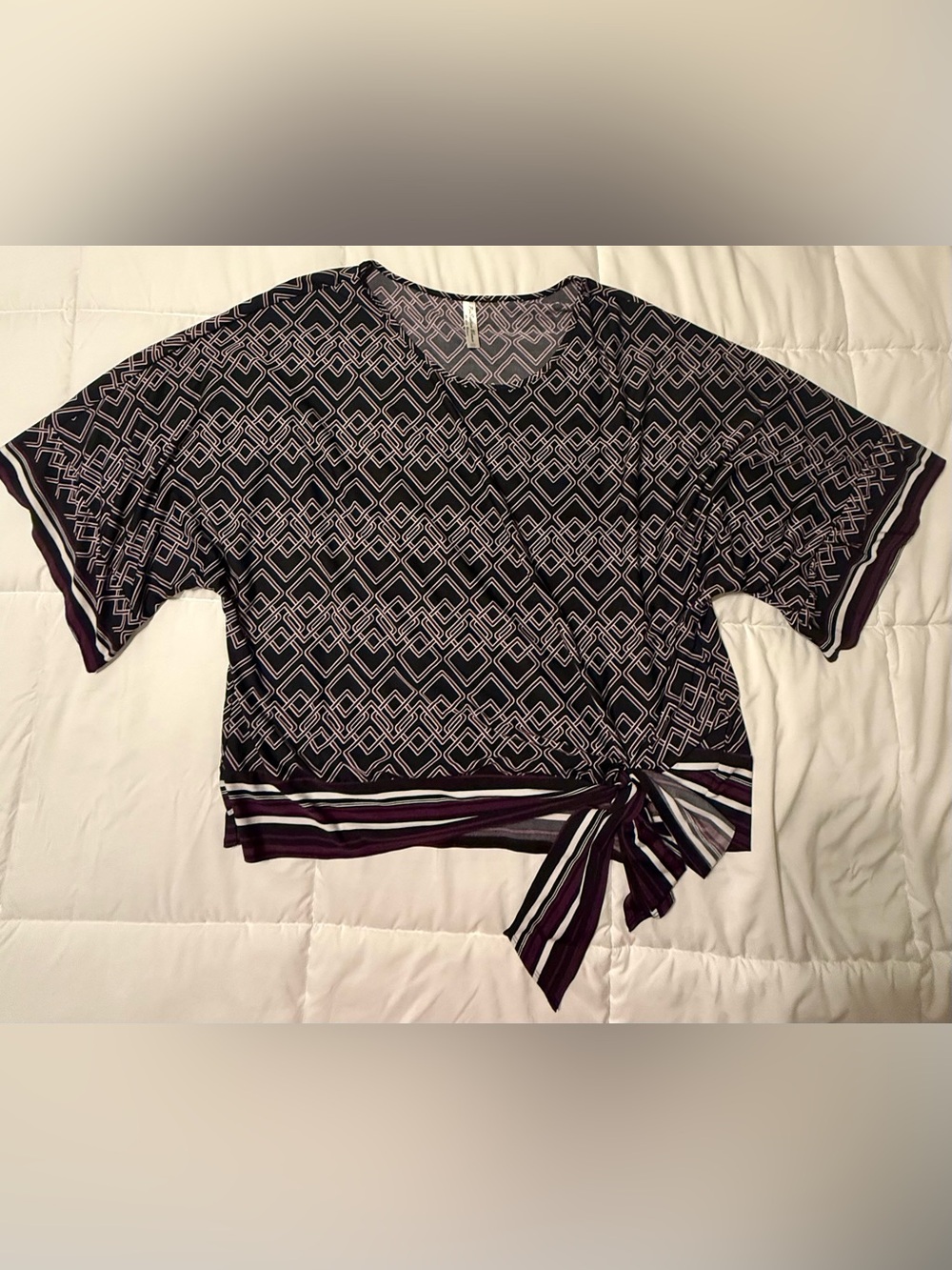 Perseption Women- Black and Purple Geometric Tie-Front Blouse
